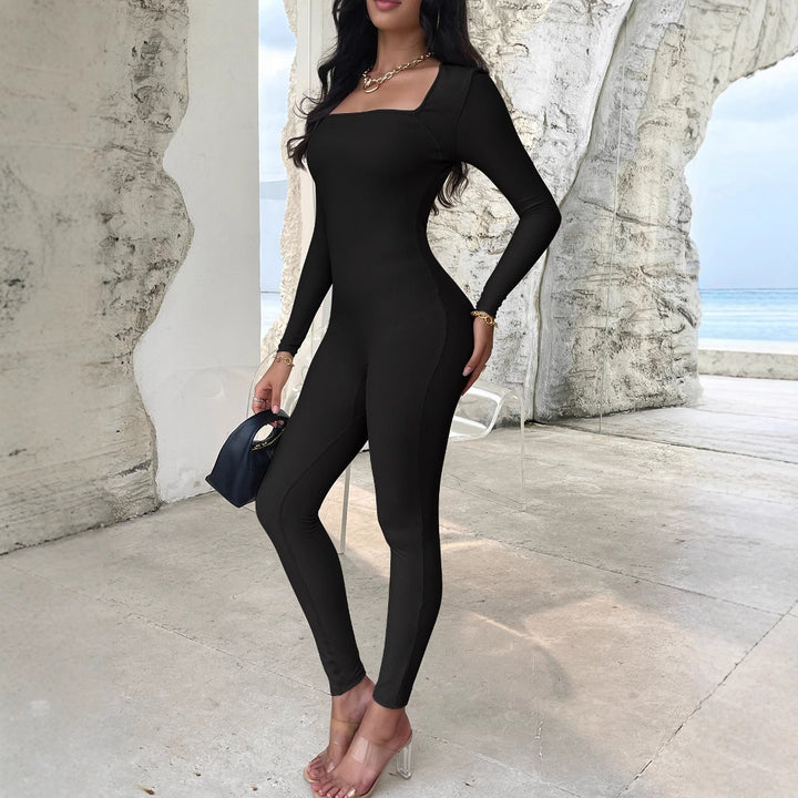 Damen nan figurbetonter Ripp‑Jumpsuit mit quadratischem Ausschnitt, Longsleeves und Sculpting‑Passform Echo Archiv