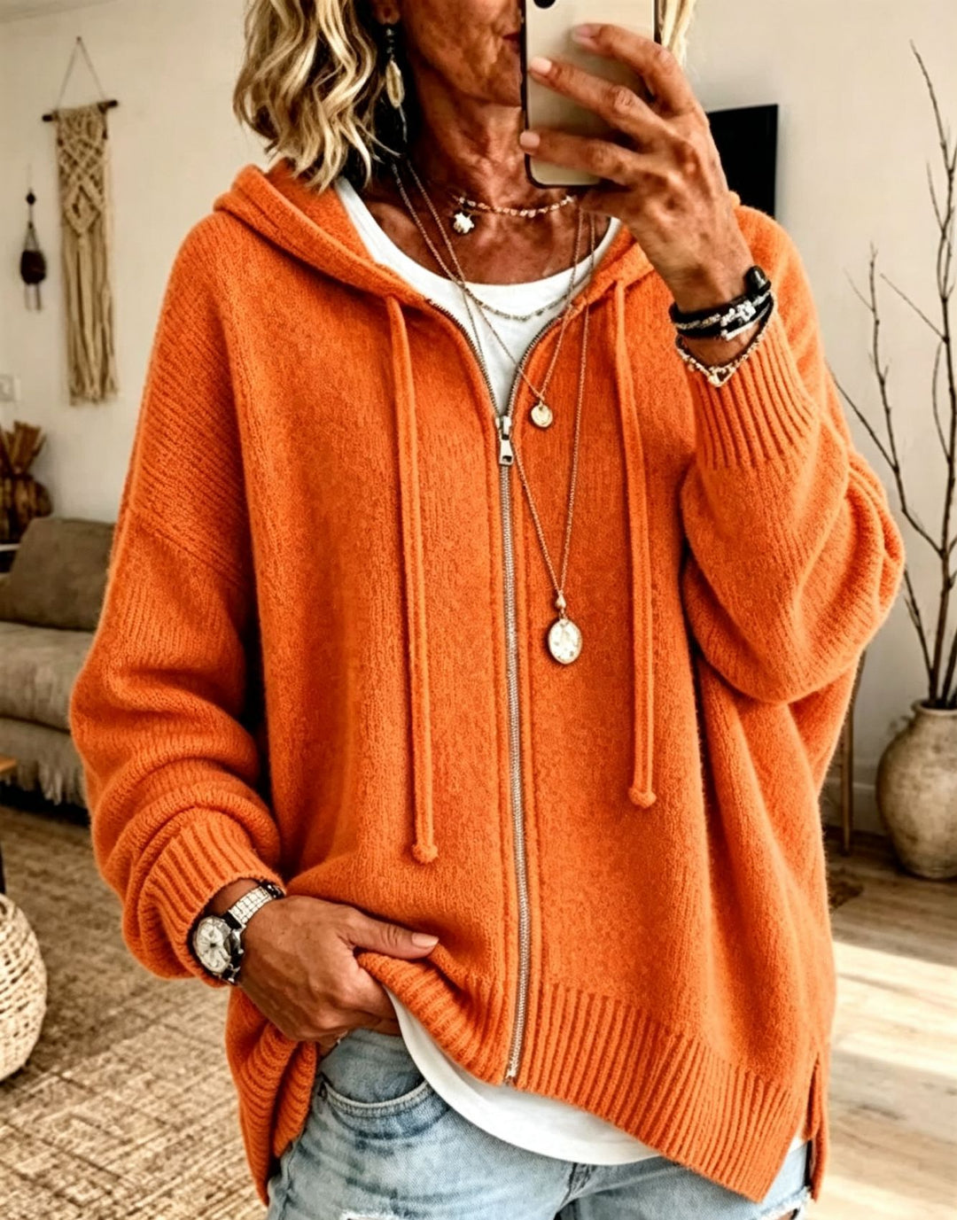 Damen Oversize Kapuzen-Zip-Cardigan aus weichem Feinstrick – Auréline