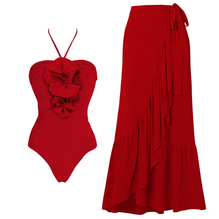 Damen Eleganter V-Ausschnitt Badeanzug mit dekorativem Blumenarrangement Echo Archiv