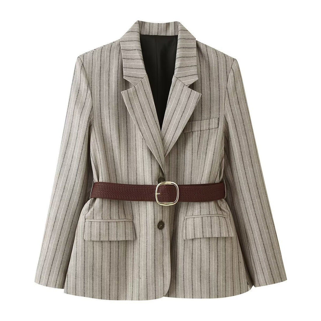 Damen Taillierter Leinenmix-Blazer mit Nadelstreifen, Pattentaschen und Taillengürtel-Detail Echo Archiv