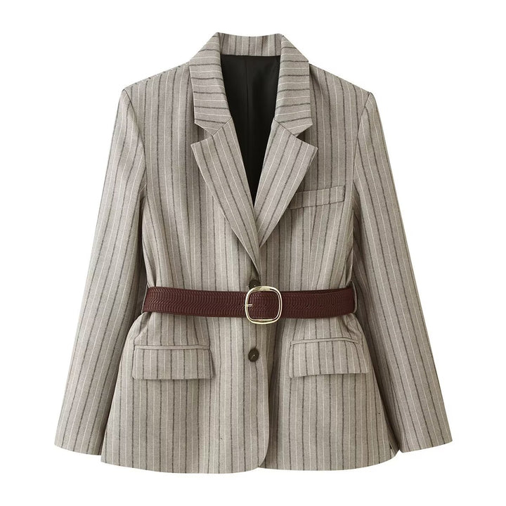 Damen Taillierter Leinenmix-Blazer mit Nadelstreifen, Pattentaschen und Taillengürtel-Detail Echo Archiv