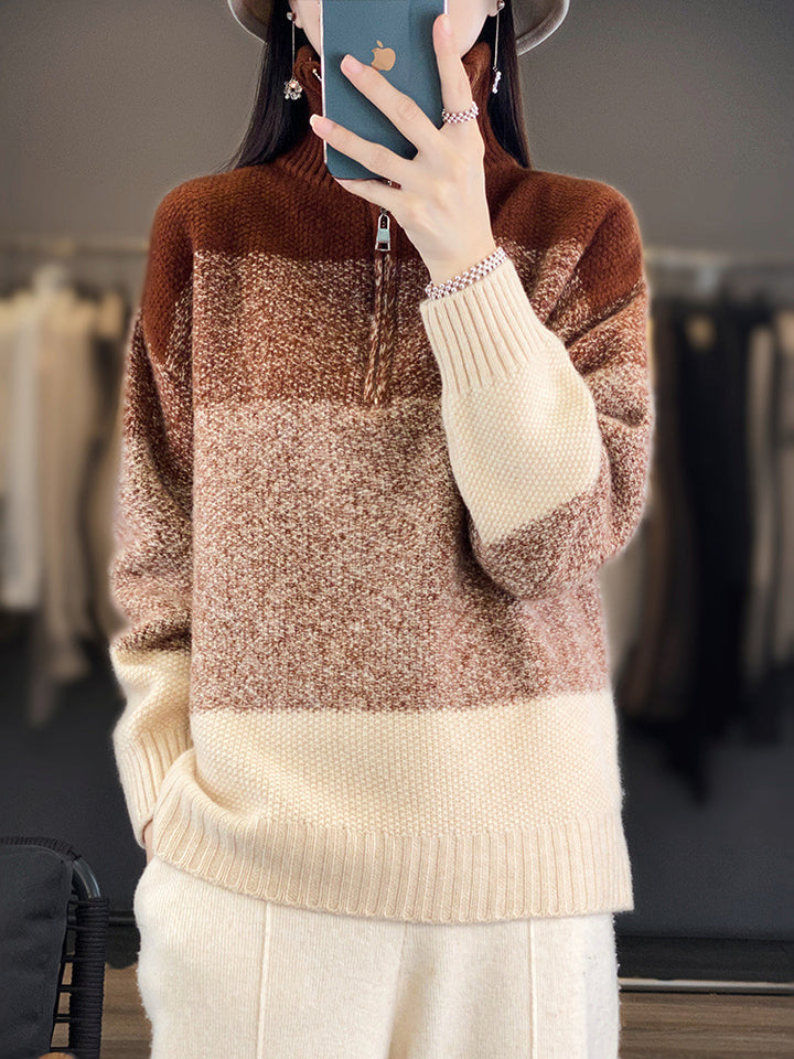 Damen Oversize-Strickpullover mit halbem Zip, meliertem Blockstreifen und weichem Flor Echoarchiv