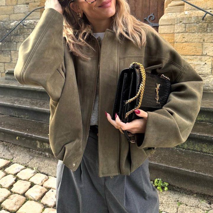 Damen Oversize-Cropped Jacke mit Balloon-Saum und Schulter-Cutouts Echoarchiv