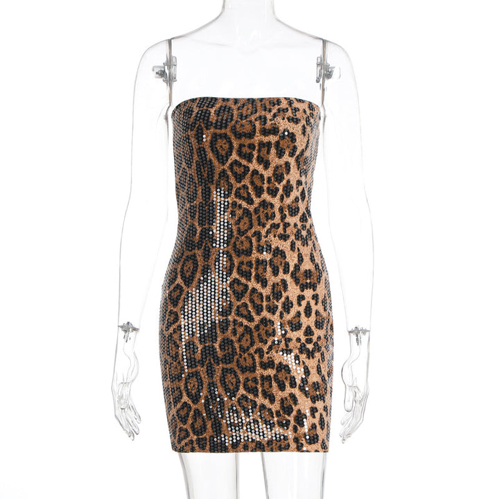 Damen Glitzerndes Minikleid mit Leopardenmuster und Spaghettiträgern Echo Archiv