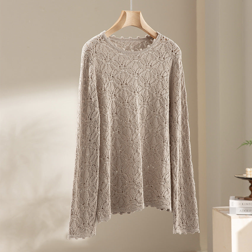 Damen Feines Häkel-Longsleeve mit floraler Lochmuster-Struktur und legerer Silhouette Echoarchiv