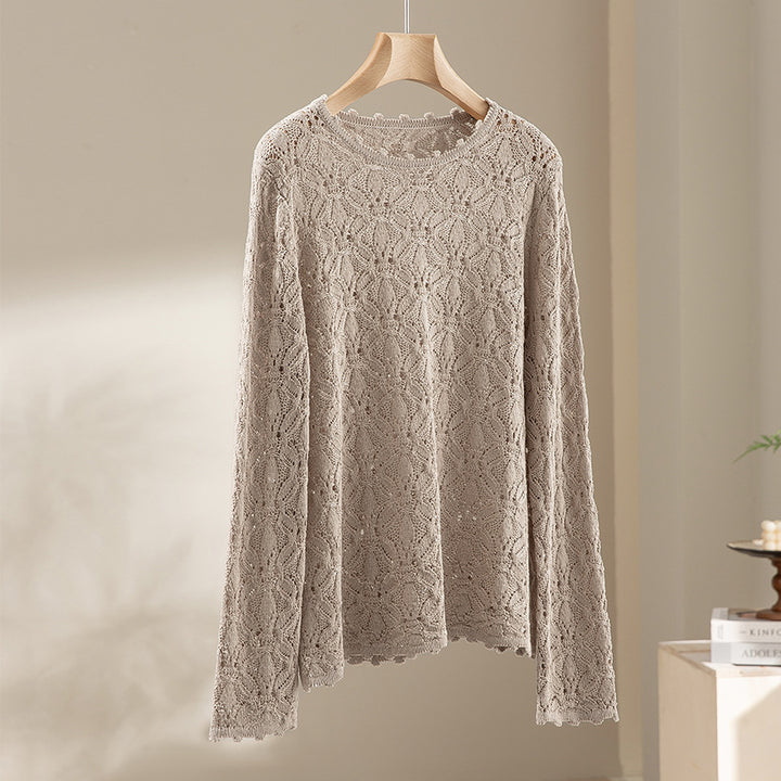 Damen Feines Häkel-Longsleeve mit floraler Lochmuster-Struktur und legerer Silhouette Echoarchiv