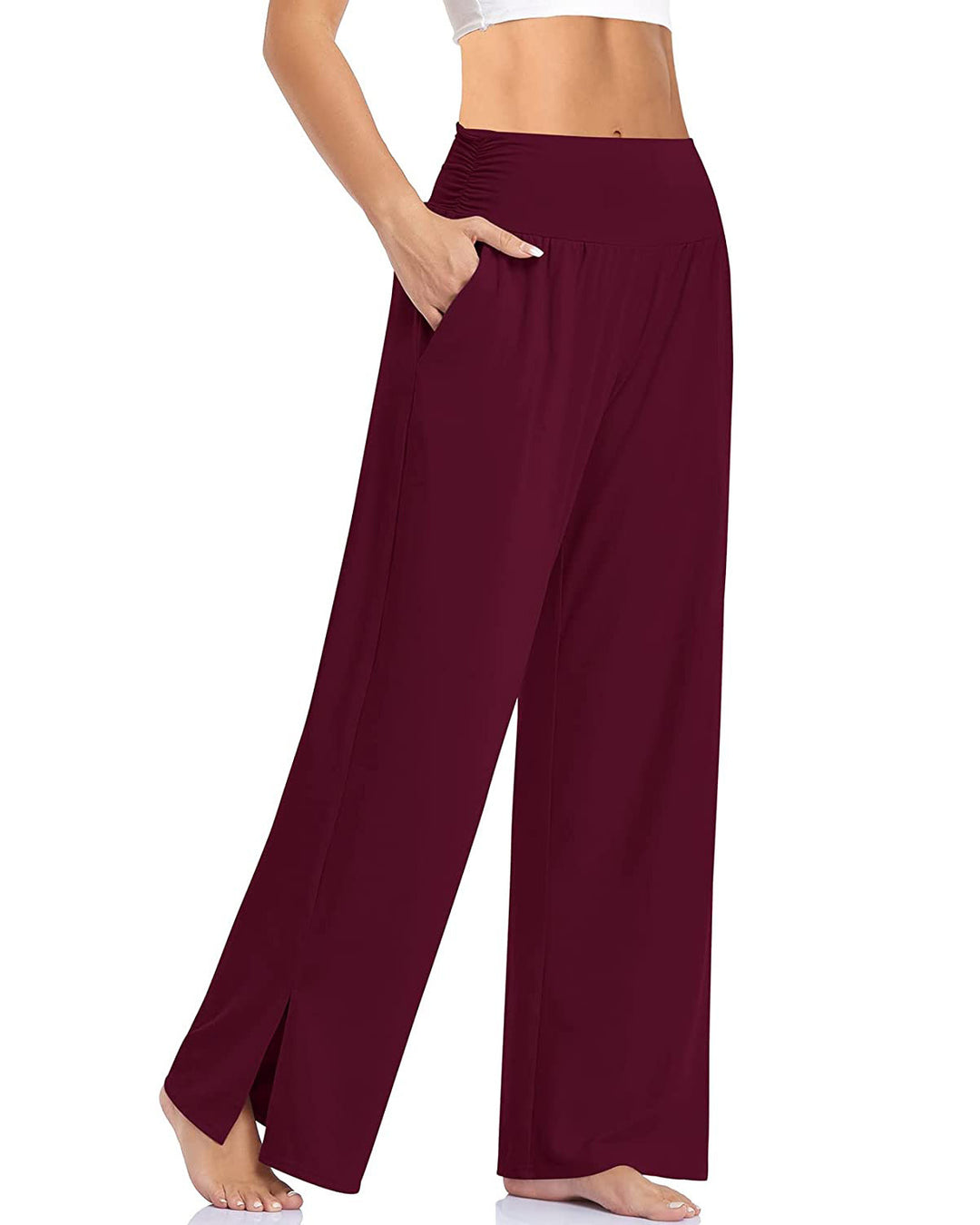 Damen nan weite Yogahose mit hohem Komfortbund, seitlichen Eingrifftaschen und seitlichem Bein-Schlitz Echo Archiv