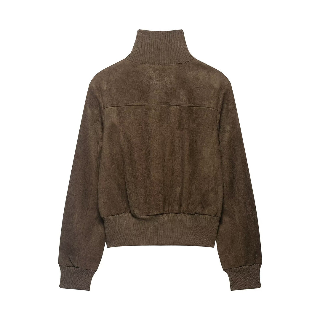 Damen Bomberjacke aus Velourslederoptik mit hohem Rippkragen und Pattentaschen Echoarchiv