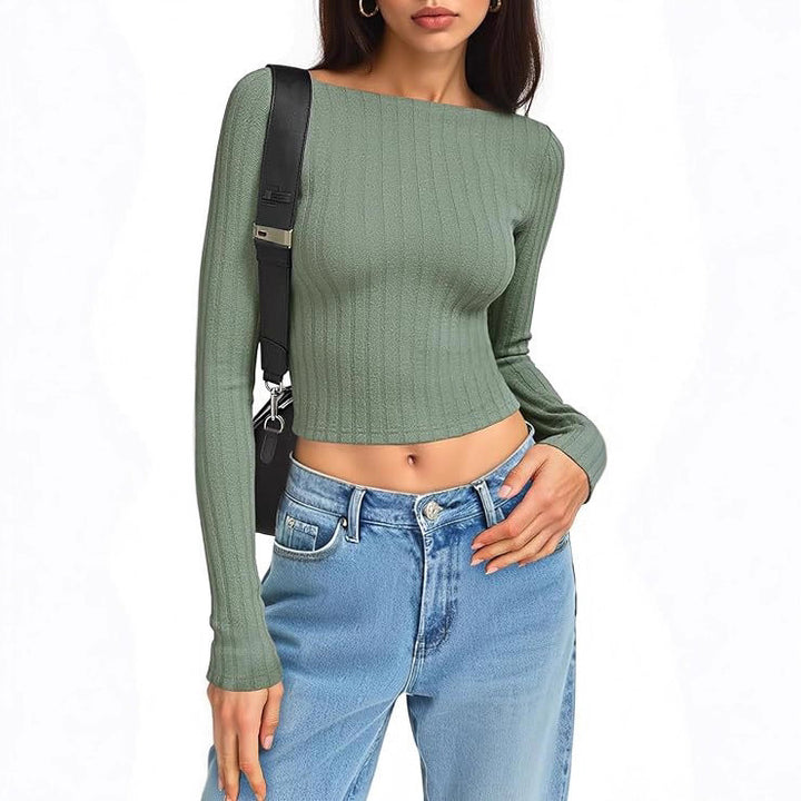 Damen Tailliertes Ripp-Cropped-Longsleeve mit U-Boot-Ausschnitt und Stretch-Baumwollmix Echo Archiv