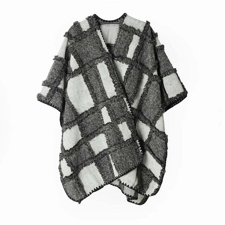 Damen Oversize-Cape aus Wollmix mit strukturierter Karo‑Jacquard‑Optik und offener Front – Avérine