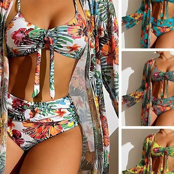 Damen Bikini-Set mit floralen Mustern und luftiger Kimono-Überjacke Echo Archiv