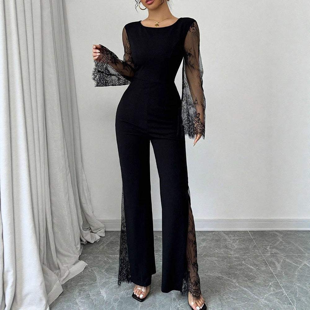 Damen Eleganter Jumpsuit mit schimmernder Spitze und weitem Bein Echo Archiv