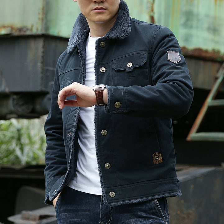 Herren Vintage-inspirierte Canvas-Workerjacke mit Vollfutter-Teddy, Brustpatten und Multifunktions-Taschen Echoarchiv