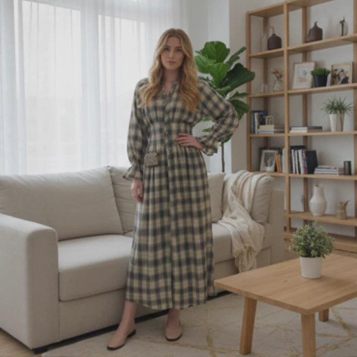 Damen Maxikleid im Karierten Hemdblusenstil mit Taillengürtel und Rüschenmanschetten Echoarchiv