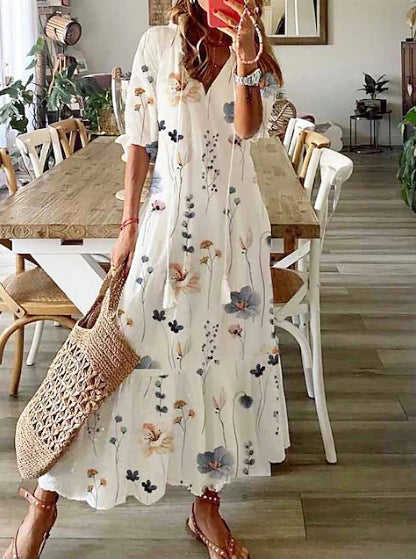 Damen nan knöchellanges A-Linien-Sommerkleid mit ganzflächigem Blumenmuster V-Ausschnitt und lockerem Fall Echo Archiv