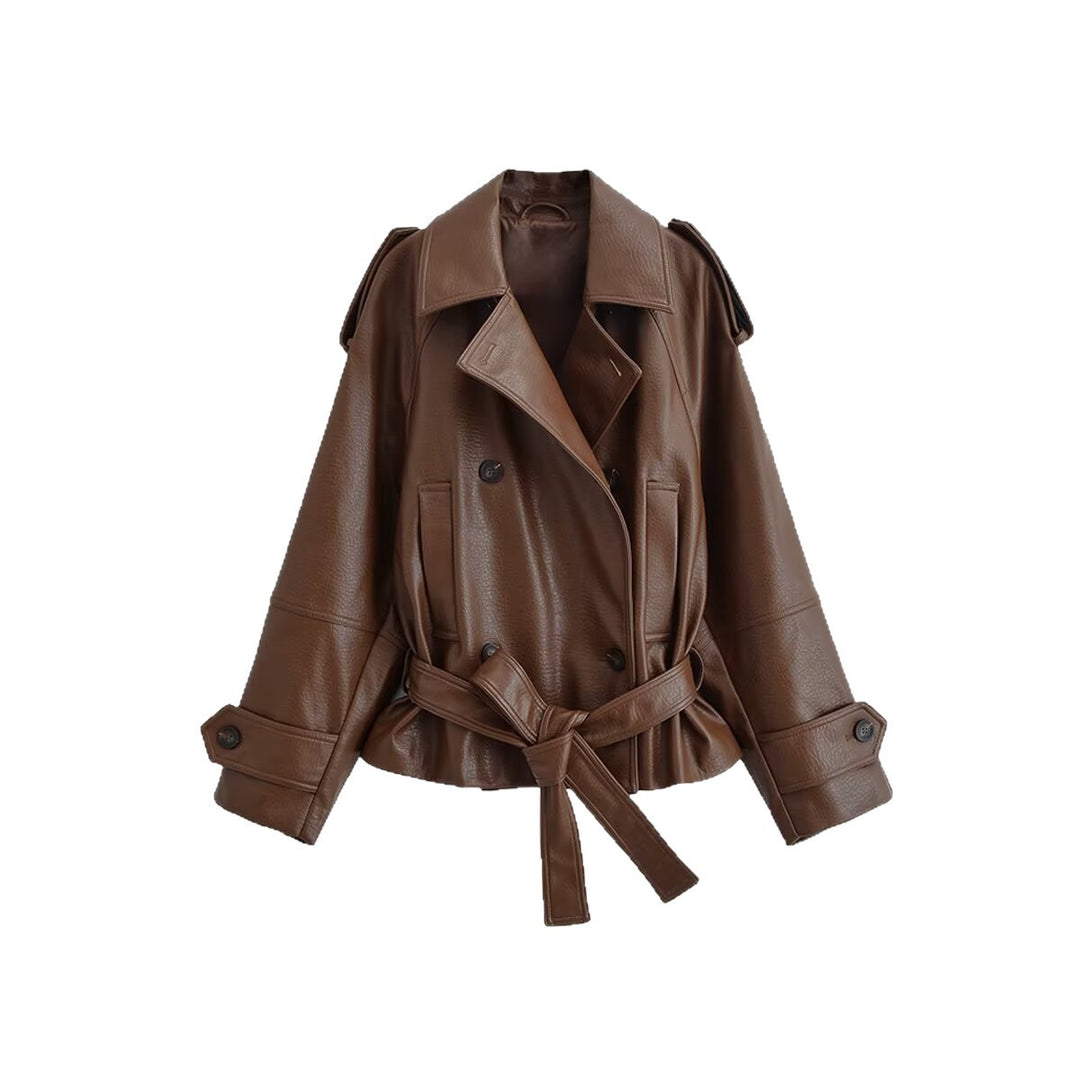 Damen Kurz geschnittener Kunstleder-Trenchcoat mit Bindegürtel und doppelreihiger Knopfleiste Echo Archiv
