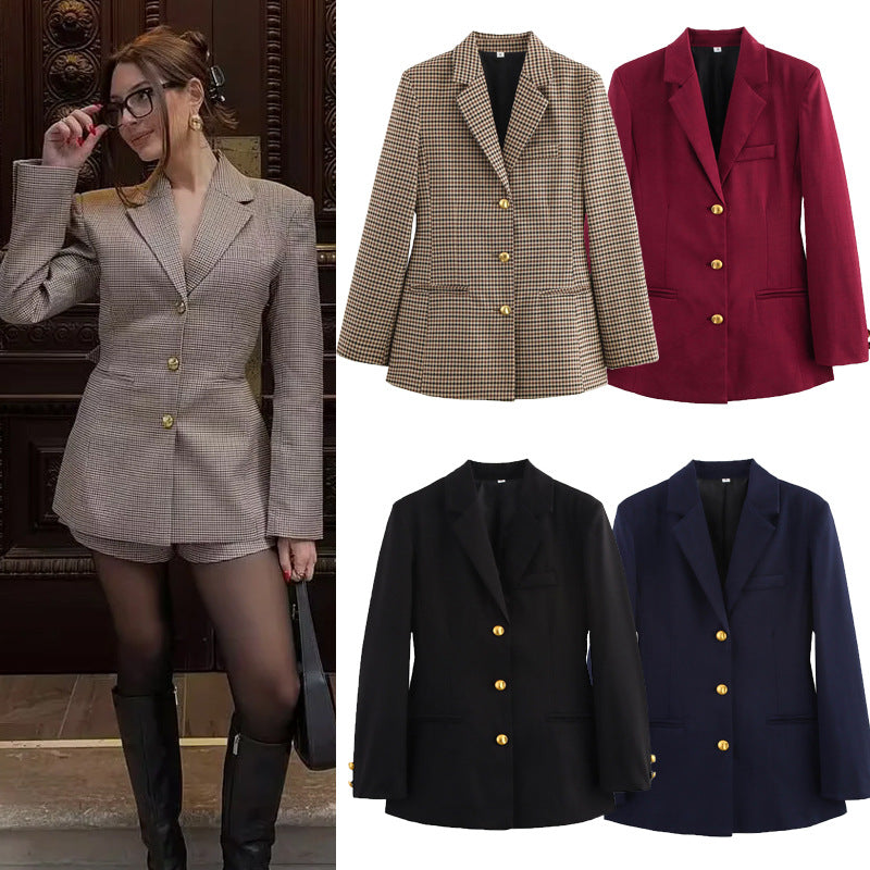 Damen klassischer Einreiher-Blazer im Mini-Hahnentritt mit goldknopfleiste und Wiener Nähten – Valéne