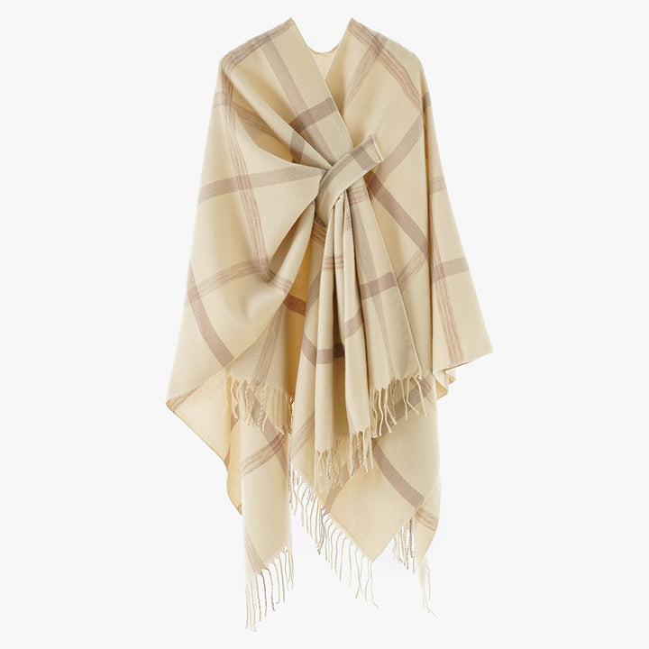Damen Oversize-Capeponcho aus Wollmix mit Bindegürtel, Fransen und großem Karomuster Echo Archiv