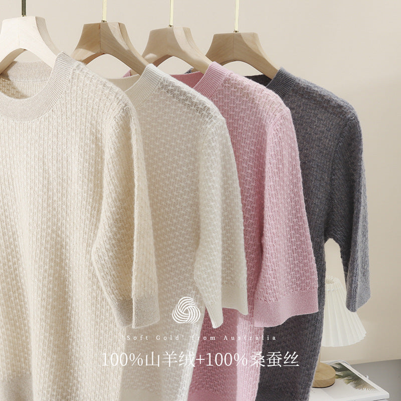 Damen Kurzärmeliges Feinstrickshirt mit Ajourstruktur und geripptem Saum Echo Archiv