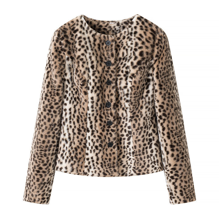 Damen Kurze Kunstfelljacke mit Leopardenmuster und Rundhalsausschnitt Echo Archiv