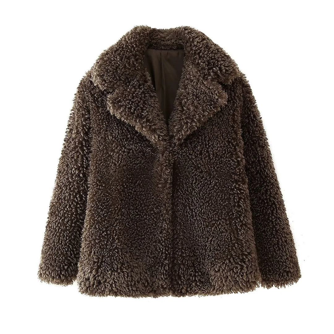 Damen Teddyfell-Manteljacke mit großem Schalkragen, wärmender Wattierung und verdeckter Verschluss – Célinea