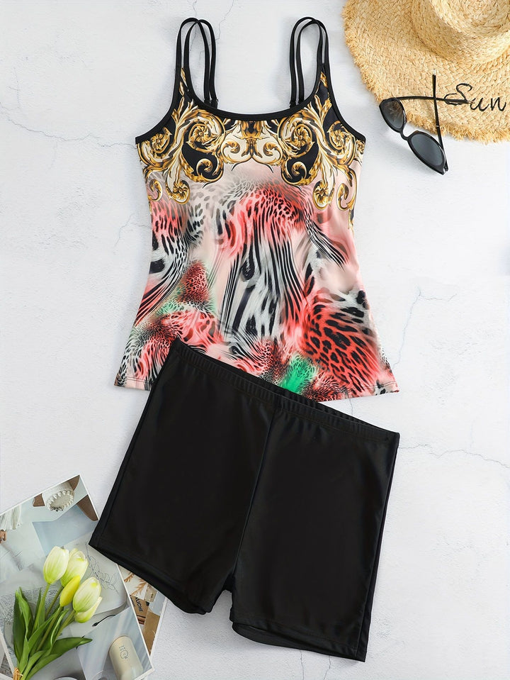 Damen Sportliches Tankini-Set mit modischem Animal-Print und Boxershorts Echo Archiv