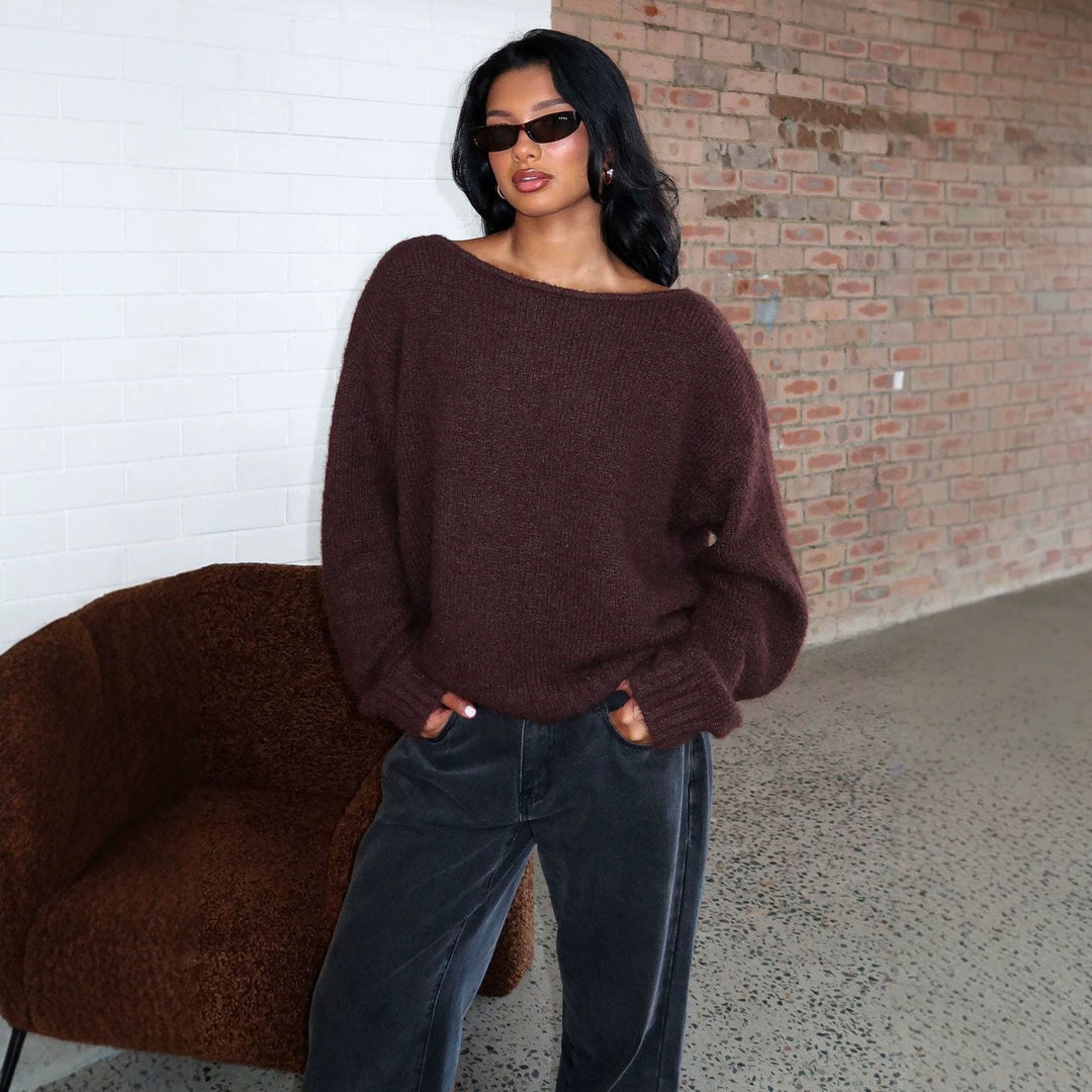 Damen Oversize Bouclé-Pullover mit weitem Boot-Ausschnitt und gerippten Bündchen Echoarchiv