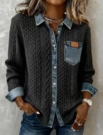Damen nan geflochtener Strickpullover mit integriertem Jeanskragen und Brusttasche Echo Archiv