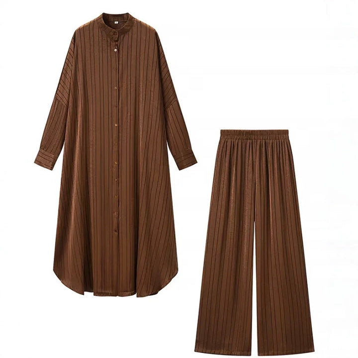 Damen Zweiteiliges fließendes Hemdblusen‑Maxikleid mit durchgehender Knopfleiste und passender elastischer Palazzo‑Hose Echo Archiv