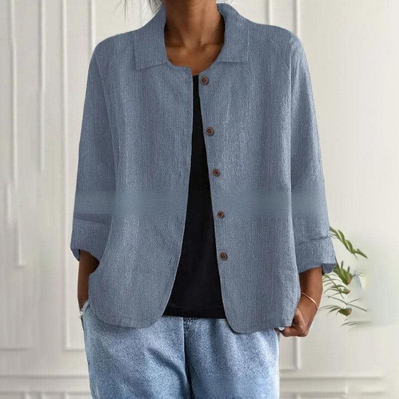 Damen Oversized Leinen-Hemdjacke mit Hemdkragen, 3/4-Ärmeln und durchgehender Knopfleiste Echo Archiv