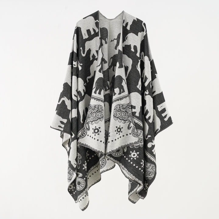 Damen Jacquard‑Ruana mit Elefantenmotiv und ornamentaler Bordüre – Avelisse