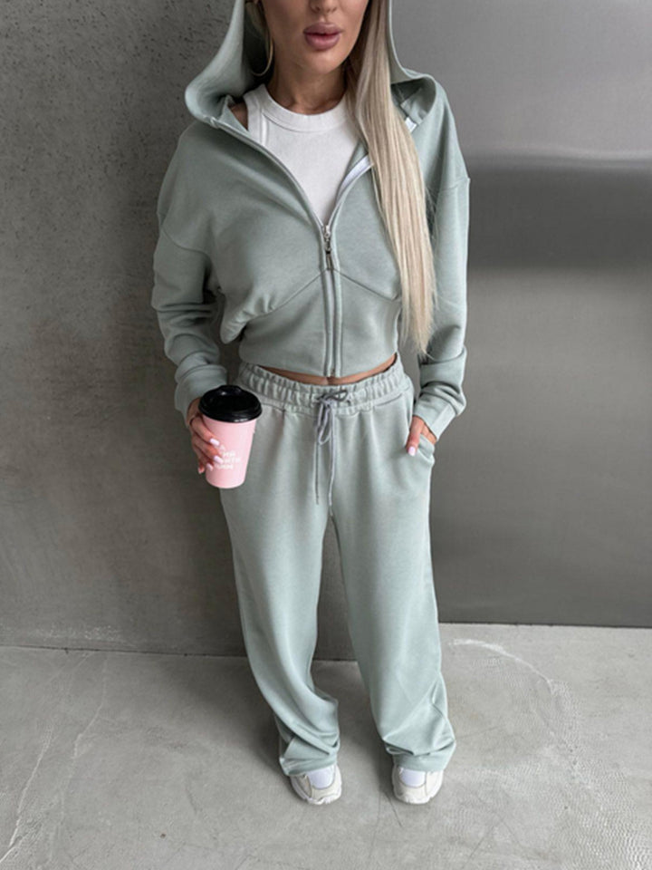 Damen kurzes Reißverschluss-Cropped-Hoodie mit hoher Bund Palazzo-Jogginghose Set – Auréline