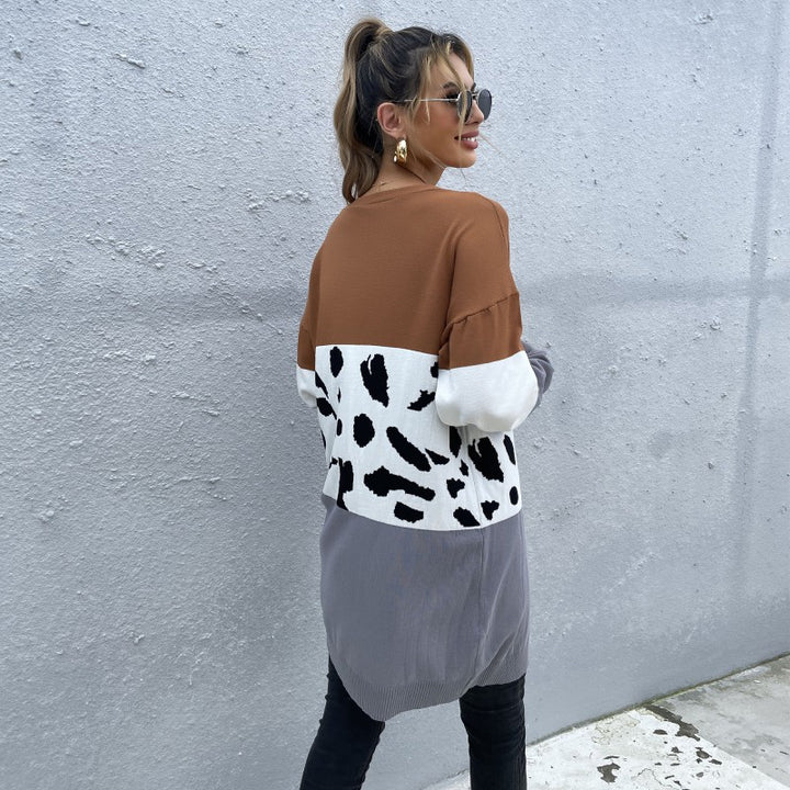 Damen Offene Longcardigan im Blockdesign mit Animal‑Intarsien und gerippten Abschlüssen Echoarchiv