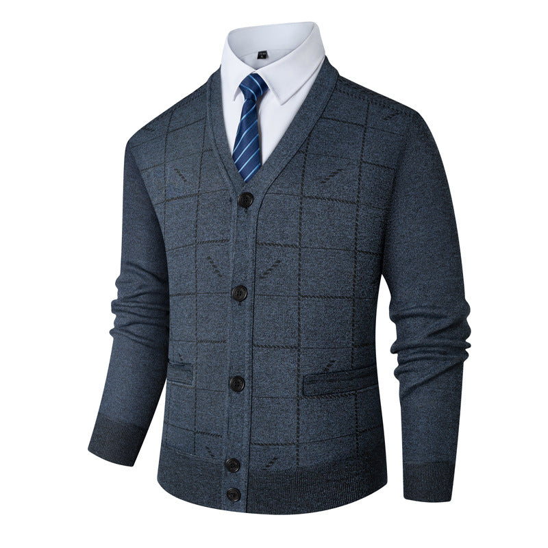 Herren V-Ausschnitt Strickjacke mit modernen Karomuster Echoarchiv
