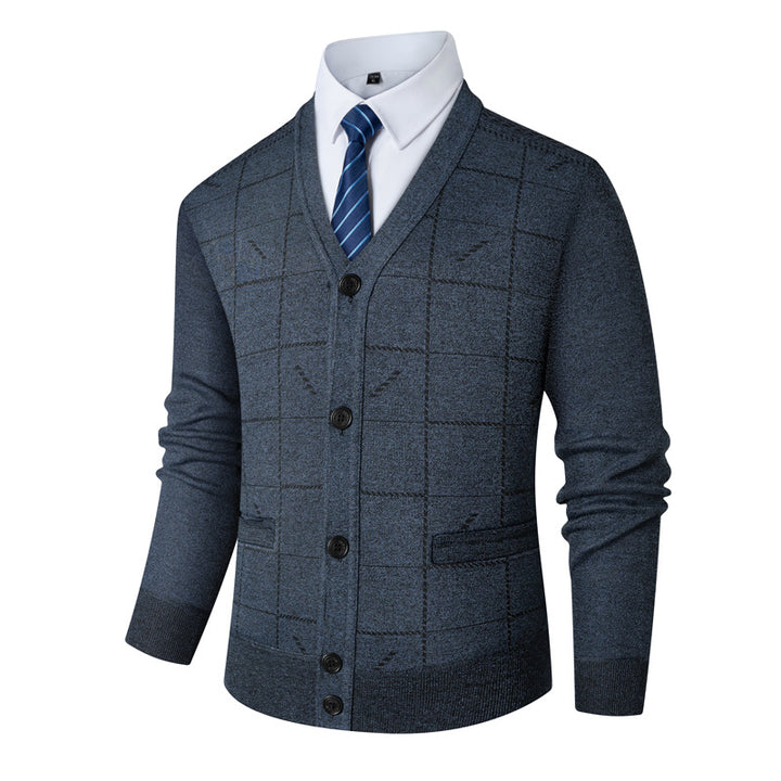 Herren V-Ausschnitt Strickjacke mit modernen Karomuster Echoarchiv