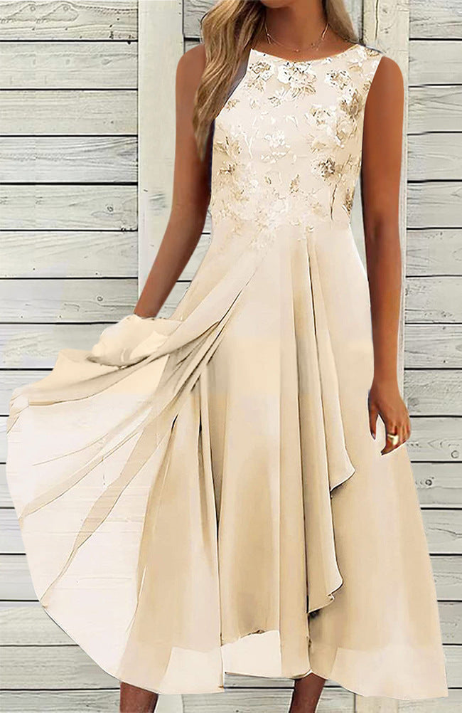 Damen nan ärmelloses Chiffon-Midikleid mit bestickter Brustpartie und asymmetrischem Lagenrock Echoarchiv