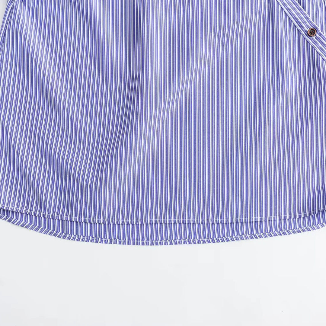 Damen Oversize Streifenbluse mit diagonaler Knopfleiste und Kentkragen Echoarchiv