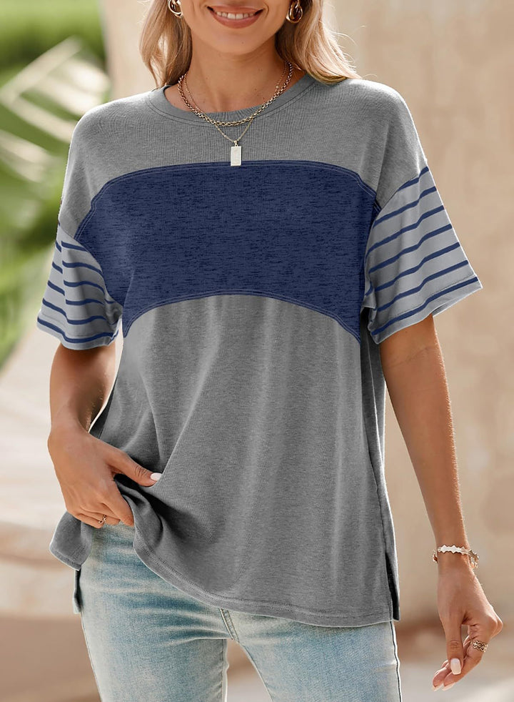 Damen Oversize-Shirt mit Kontrastpaneel, gestreiften Ärmeln und Seitenschlitzen Echo Archiv