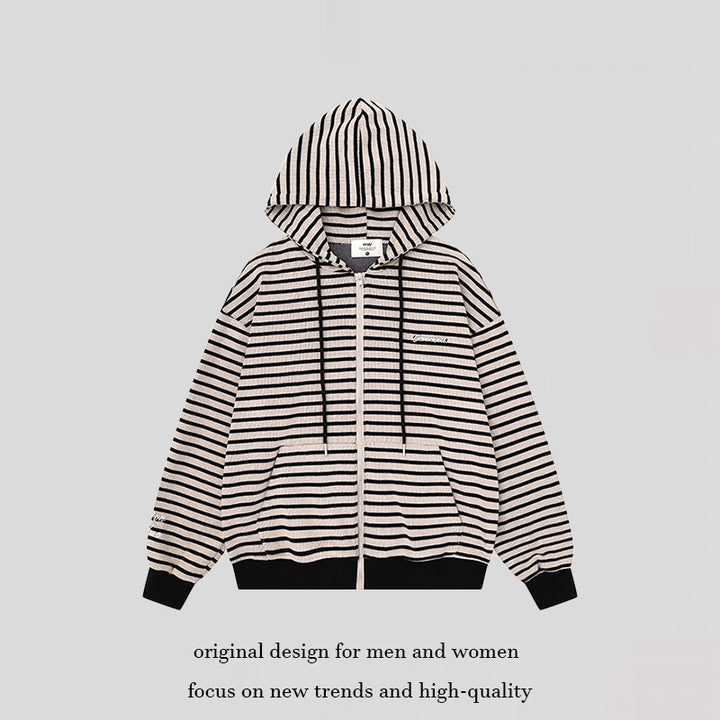 Unisex Leichter gestreifter Kapuzen‑Zipcardigan im Oversize‑Fit aus geripptem Baumwollmix Echoarchiv
