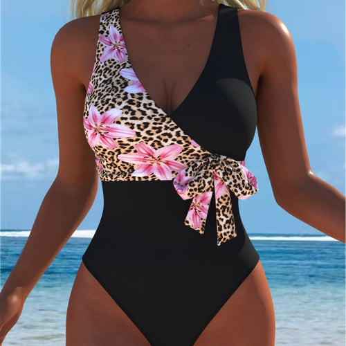 Damen Einteiliger Badeanzug mit floralem Wickeldesign und trendigem Leopardenmuster Echo Archiv