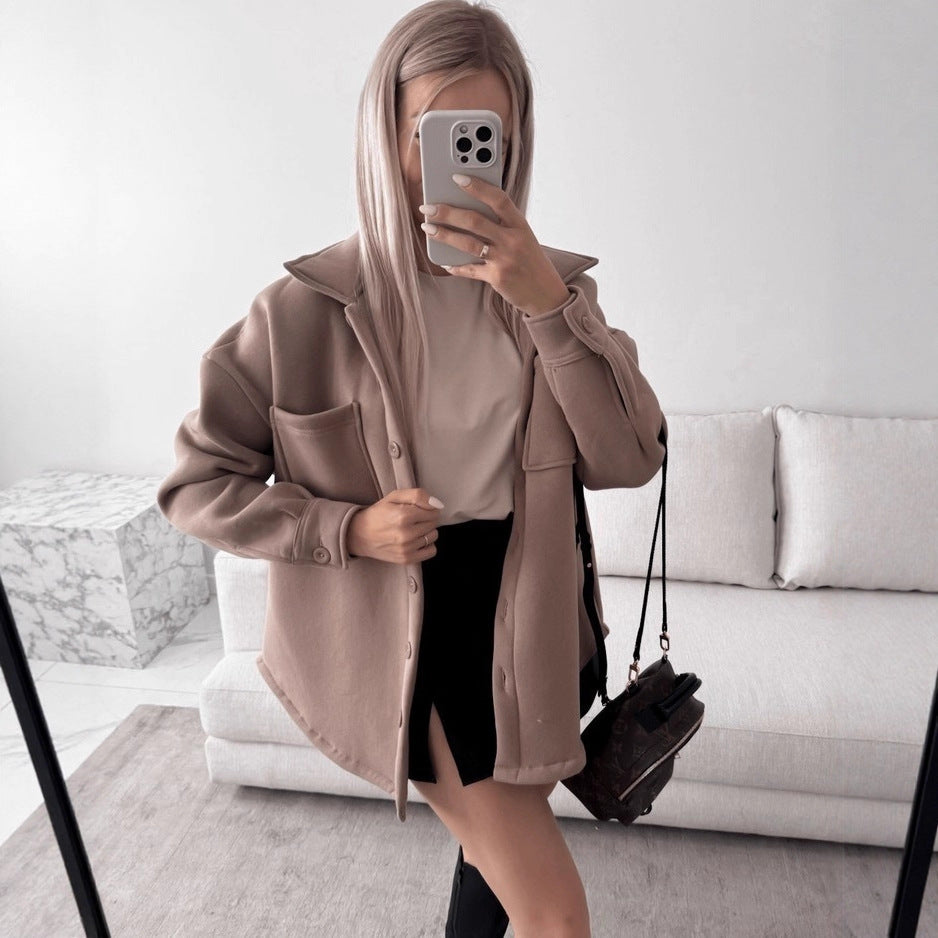 Damen Oversized Hemdjacke Shacket aus weichem Wollmix mit aufgesetzten Brusttaschen Echoarchiv