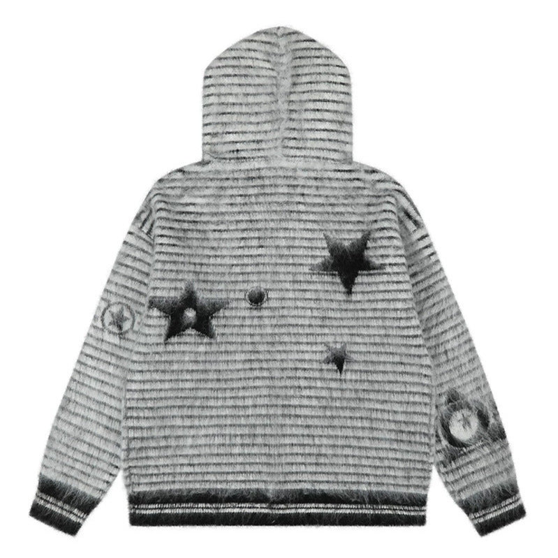 Damen Kapuzen-Strickjacke mit Fellbesatz, gestreifter Mohair‑Optik und Sternapplikationen Echoarchiv