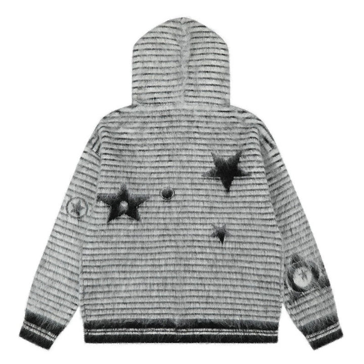 Damen Kapuzen-Strickjacke mit Fellbesatz, gestreifter Mohair‑Optik und Sternapplikationen Echoarchiv