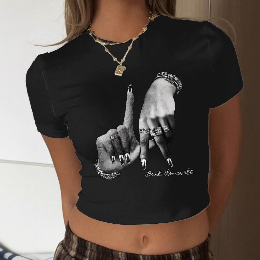 Damen Crop-T-Shirt mit künstlerischem Handdesign und motivierendem Schriftzug Echo Archiv