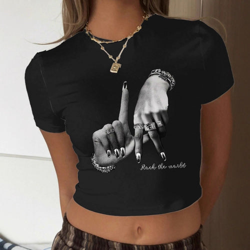 Damen Crop-T-Shirt mit künstlerischem Handdesign und motivierendem Schriftzug Echo Archiv