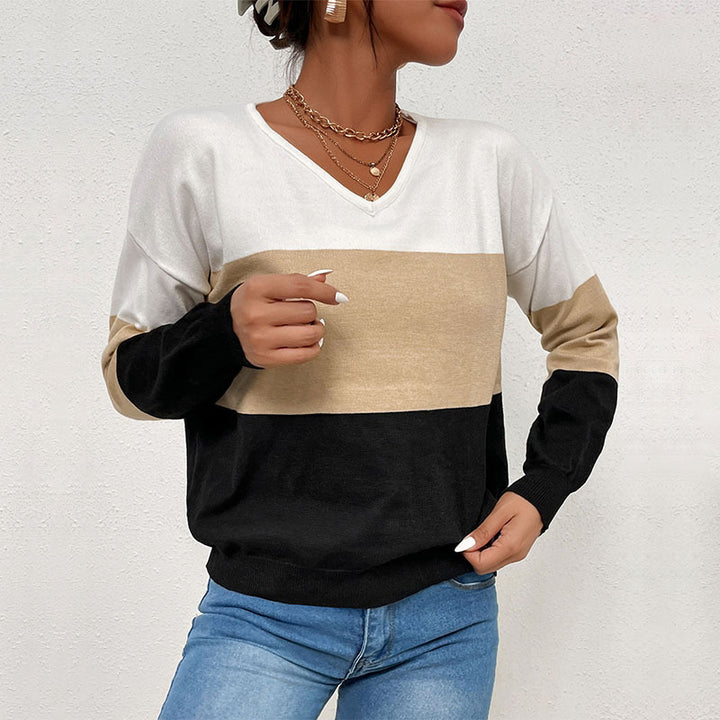 Damen Eleganter V‑Ausschnitt Feinstrickpullover mit breiten Blockstreifen Echoarchiv