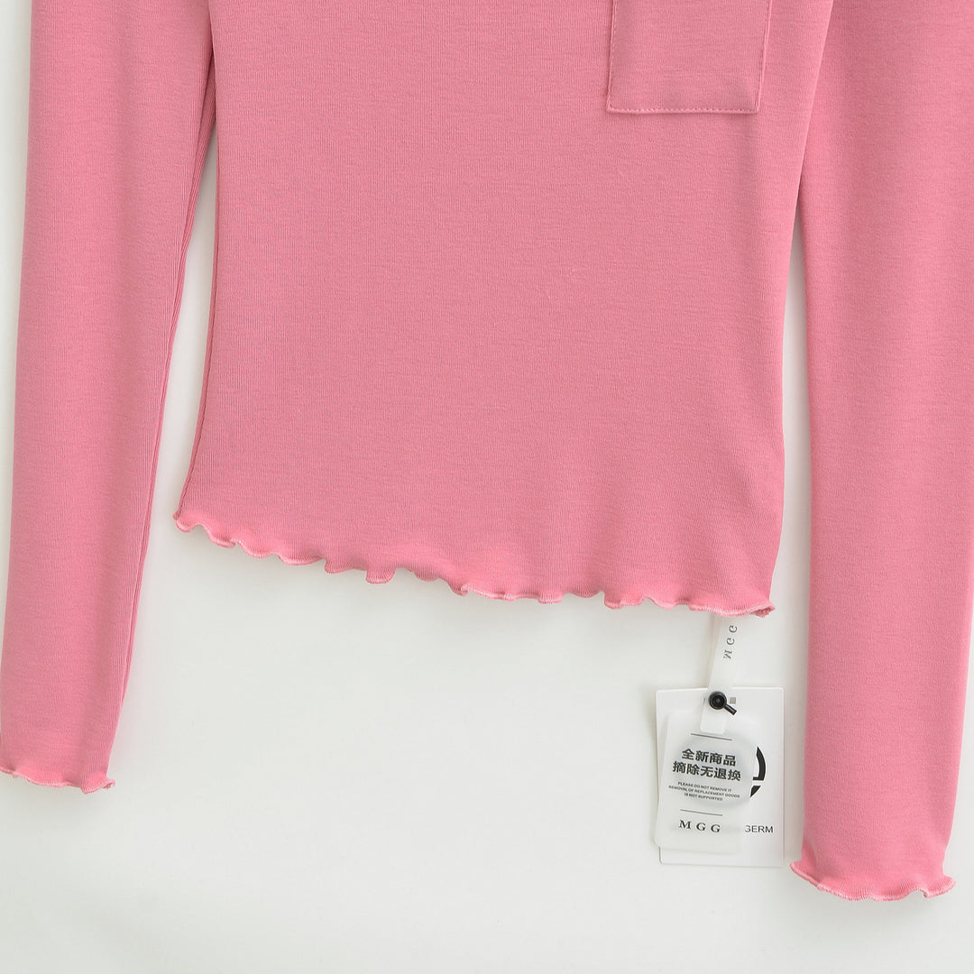 Damen Figurbetontes geripptes Langarmshirt mit weitem Quadrat-Ausschnitt und Brusttasche Echoarchiv