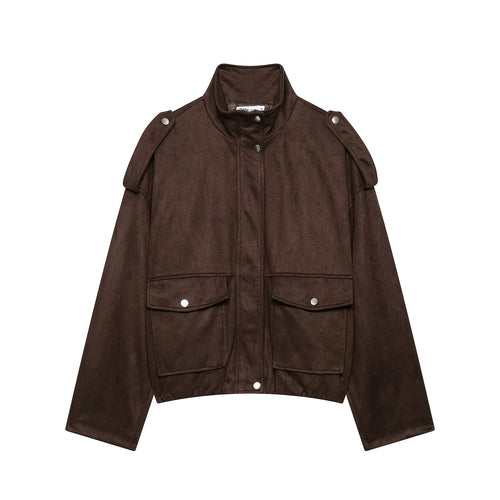 Damen Kurze Wildlederoptik-Fieldjacke mit Stehkragen, Pattentaschen und Schulterklappen Echoarchiv