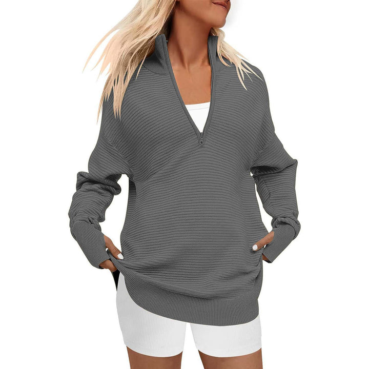 Damen Oversize-Feinstrickpullover mit halbem Reißverschluss, Stehkrragen und Daumenloch-Ärmeln Echo Archiv