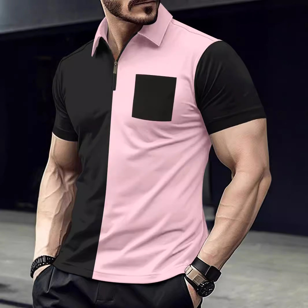 Herren modernes Kurzarmshirt mit Reißverschluss und kontrastierenden Farbschnitten Echoarchiv
